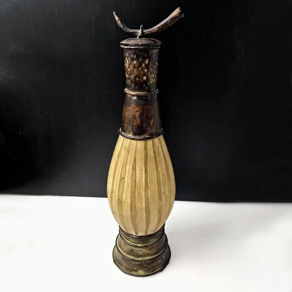 Vintage Decorative Decanter Urn Frosted Ribbed Glass & Metal w/ Horn Lid & Chain